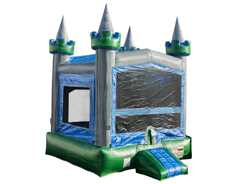 Blue and green castle-themed jumping castle with four towers, durable design, ideal for kids' events. Buy affordable, high-quality jumping castles online in ZA.