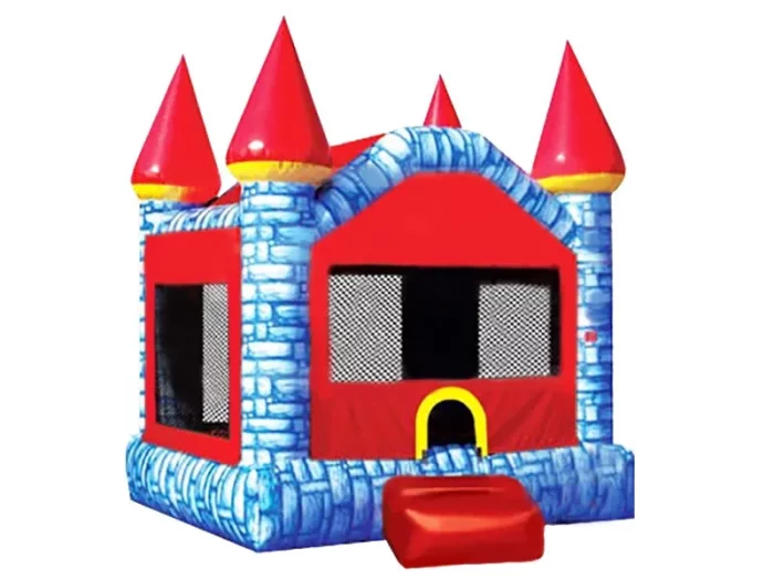 Red and blue castle-themed jumping castle with four pointed towers, perfect for parties. Buy high-quality, affordable jumping castles online in South Africa.