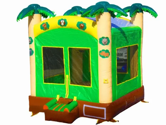 Jungle-themed jumping castle with palm trees and animal designs, ideal for kids' parties. Buy affordable, high-quality jumping castles online in ZA.