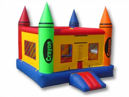 Crayon-themed jumping castle with bright colors and four crayon-shaped pillars, perfect for kids' events. Buy high-quality jumping castles online in ZA.