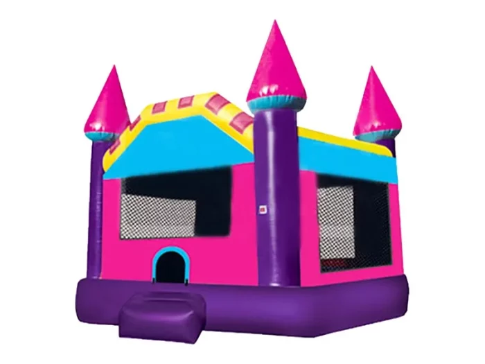 Pink and purple castle-themed jumping castle with vibrant colors and four towers, ideal for kids' parties. Buy affordable jumping castles online in ZA.