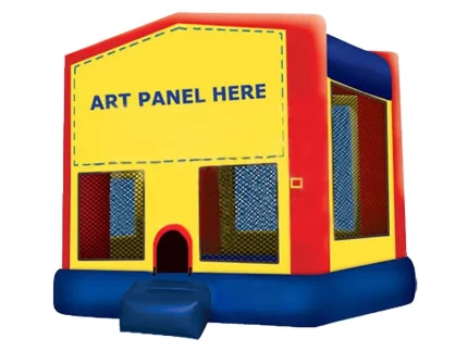 Customizable jumping castle with vibrant red, yellow, and blue design, perfect for events. Buy affordable, high-quality jumping castles online in ZA.