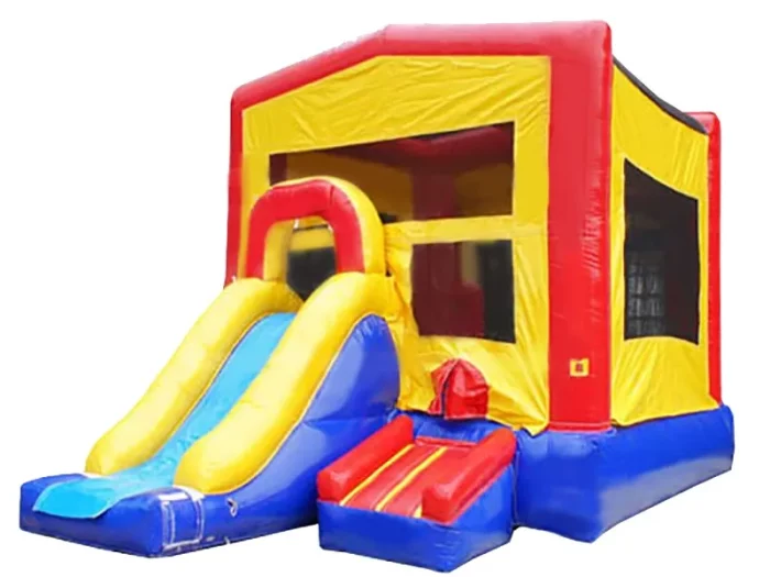 Colorful jumping castle with an attached slide and climbing area, perfect for kids' events. Buy affordable, high-quality jumping castles online in ZA.