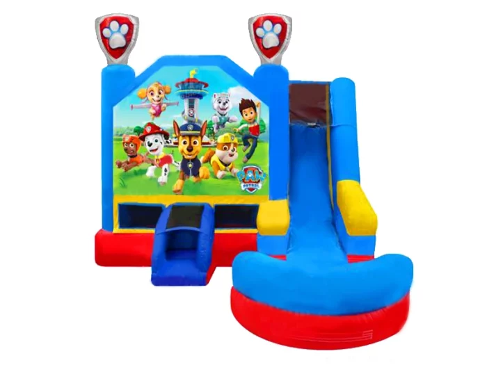 Paw Patrol-themed jumping castle with slide, featuring bright blue and red design. Fun and durable, perfect for kids. Buy online in South Africa.