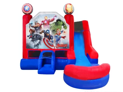 Avengers-themed jumping castle with slide, featuring Captain America and Iron Man. Fun, durable, and perfect for kids. Buy online in South Africa.