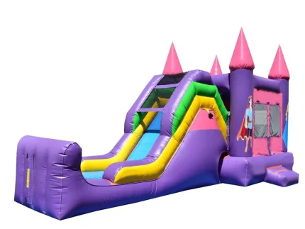 Purple princess-themed jumping castle with tall towers and a slide, perfect for kids' parties. Buy high-quality jumping castles online in ZA.