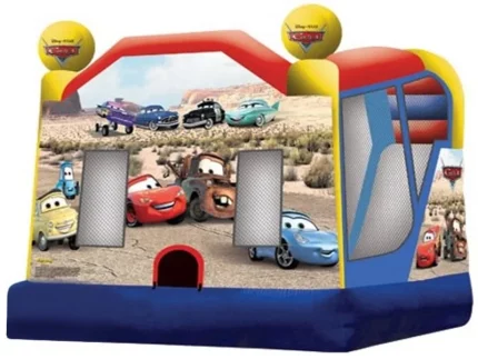 Cars-themed jumping castle with vibrant character graphics and attached slide, perfect for kids' parties. Buy high-quality jumping castles online in ZA.