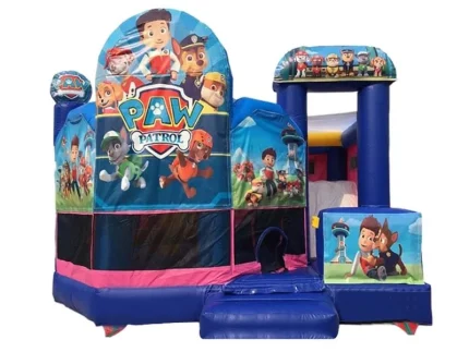 Paw Patrol-themed jumping castle with colorful graphics and an attached slide, perfect for kids' parties. Buy high-quality jumping castles online in ZA.