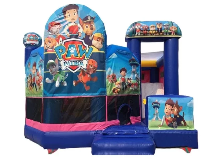 Paw Patrol-themed jumping castle with colorful graphics and an attached slide, perfect for kids' parties. Buy high-quality jumping castles online in ZA.