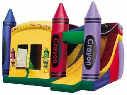 Crayon-themed jumping castle with vibrant colors, slide, and play area, perfect for kids' events. Buy affordable jumping castles online in ZA.