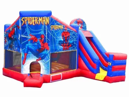 Spider-Man-themed jumping castle with vibrant graphics and an attached slide, perfect for kids' parties. Buy high-quality jumping castles online in ZA.