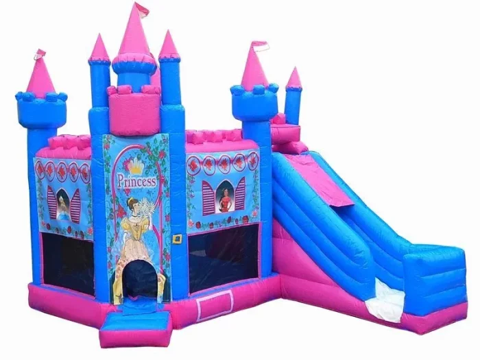 Princess-themed jumping castle with pink and blue design, tall towers, and a slide, perfect for kids' parties. Buy high-quality jumping castles online in ZA.