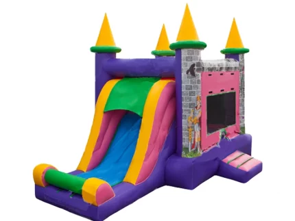 Colorful castle-themed jumping castle with slide, featuring bright purple, pink, and yellow. Perfect for kids' parties. Buy online in South Africa.