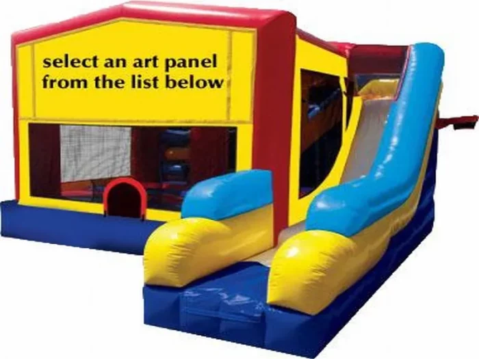 Customizable jumping castle with vibrant yellow, red, and blue design, slide, and art panel options. Buy high-quality jumping castles online in ZA.