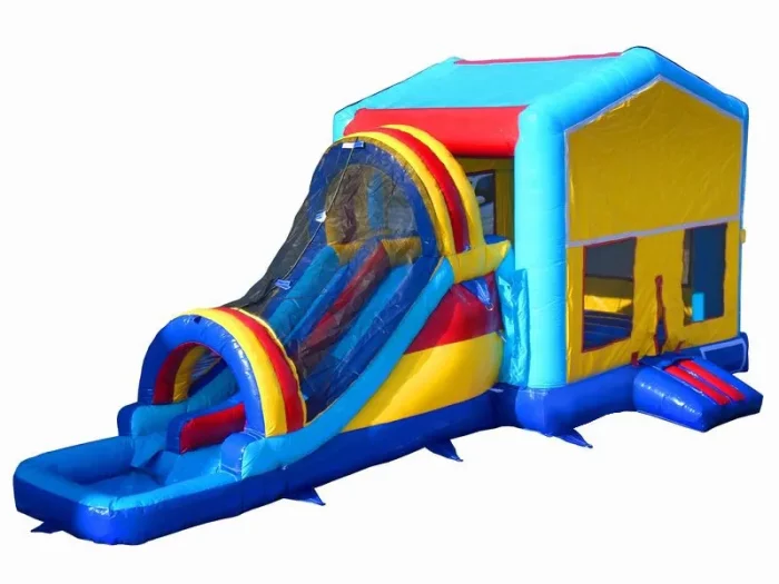 Vibrant jumping castle with an enclosed slide and splash pool, perfect for parties and events. Buy affordable, high-quality jumping castles online in ZA.