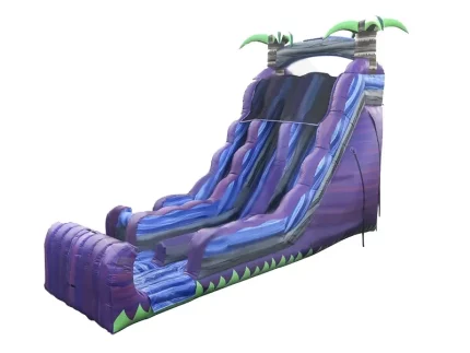 Large purple inflatable water slide with tropical palm tree accents, perfect for summer events. Buy high-quality inflatable slides online in ZA.