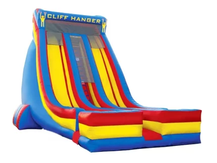 Cliff Hanger inflatable slide with vibrant red, yellow, and blue design, perfect for events. Buy high-quality inflatable slides online in ZA.