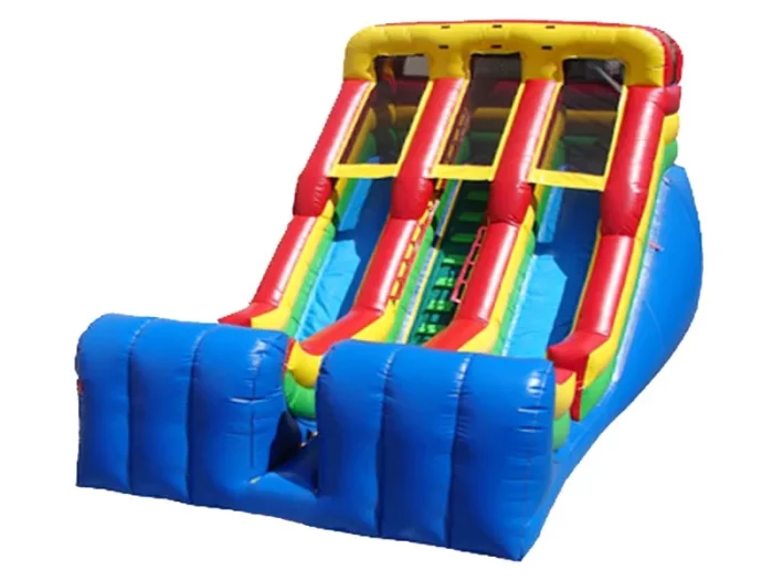 Dual-lane inflatable slide with vibrant red, yellow, blue, and green design, perfect for events. Buy high-quality inflatable slides online in ZA.