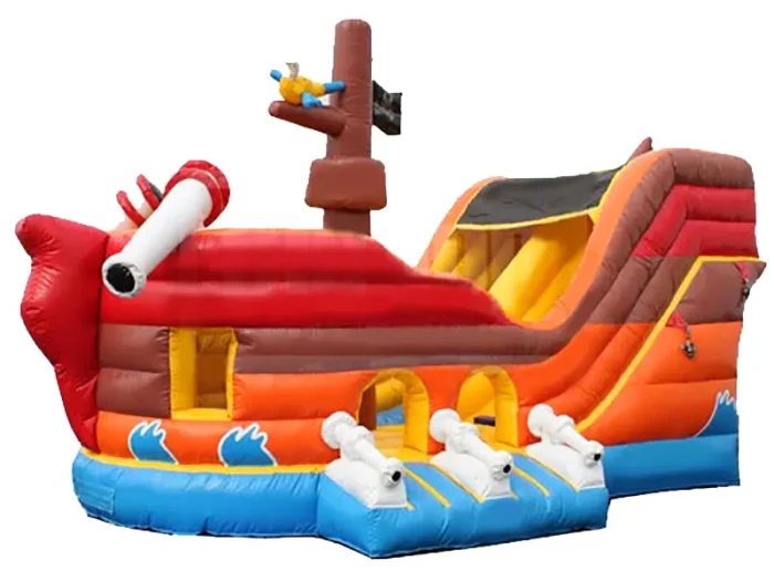 Pirate ship-themed inflatable with cannons, sails, and a slide, perfect for adventurous kids' events. Buy high-quality inflatables online in ZA.