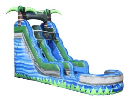 Tropical-themed inflatable jumping castle with water slide, palm tree design, perfect for kids' events. Buy online in South Africa. Affordable, high-quality.