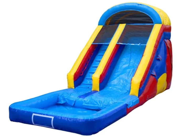 Bright inflatable jumping castle with slide and splash pool, perfect for kids' parties. Affordable, high-quality, buy online in South Africa.