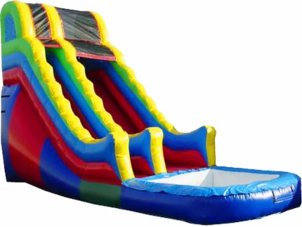 Large inflatable water slide with bright red, blue, yellow, and green colors, includes splash pool. Perfect for summer fun. Buy online in South Africa.