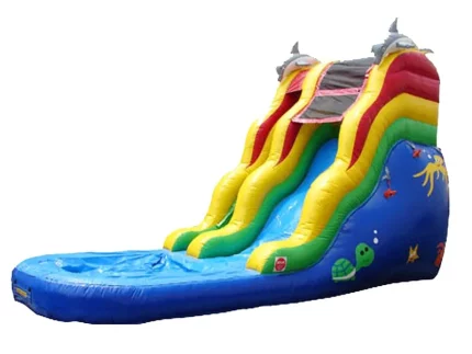 Colourful dolphin-themed jumping castle with double slides and splash pool, ideal for kids' events. Affordable, buy online in South Africa.