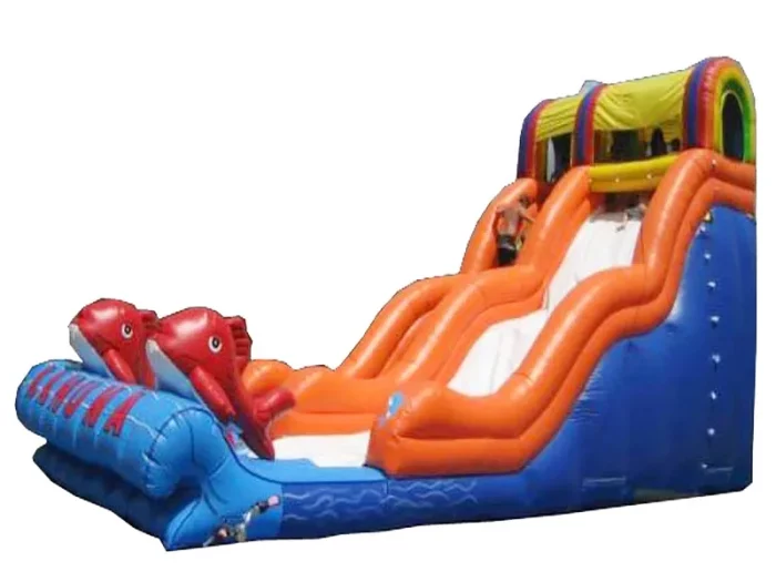 Colorful dolphin-themed jumping castle with dual orange slides, ideal for kids' parties and events. Buy affordable, high-quality online in South Africa.