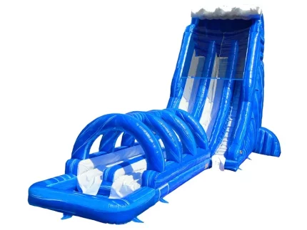 Large blue water slide jumping castle with wave design, perfect for summer events. Buy high-quality, affordable options online in South Africa.