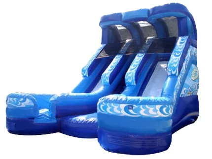 Blue dual-lane water slide jumping castle with wave design, perfect for kids' parties. Buy high-quality, affordable options online in South Africa.