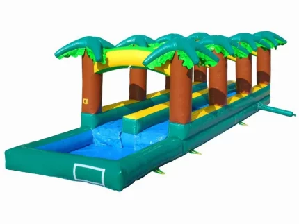 Tropical-themed slip-and-slide jumping castle with palm tree design, perfect for summer fun. Buy affordable, high-quality online in South Africa.