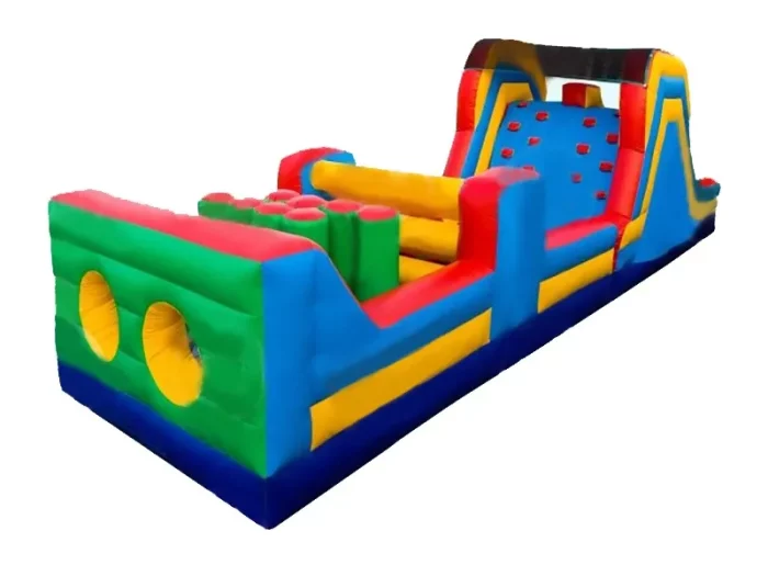 Colorful obstacle course jumping castle with climbing wall and tunnels, ideal for parties and events. Buy high-quality, affordable online in South Africa.