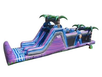 Tropical-themed inflatable jumping castle with dual slides and palm trees, perfect for parties. Buy affordable, high-quality online in South Africa.