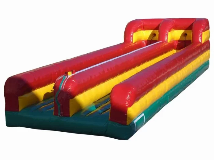 Dual-lane inflatable bungee run jumping castle in red, yellow, and green, ideal for fun events. Buy affordable, high-quality online in South Africa.