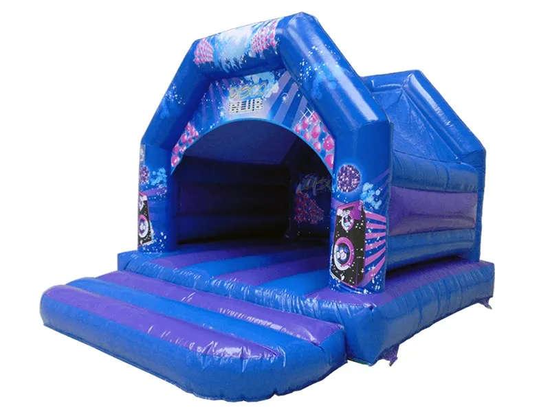 Blue disco-themed jumping castle with music and light design, perfect for parties and events. Durable and fun. Buy online in South Africa today.