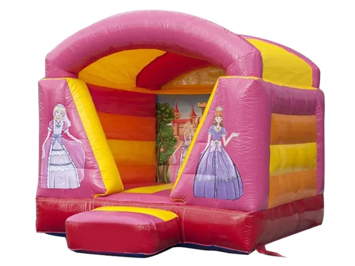 Princess-themed jumping castle with vibrant pink and yellow design, perfect for girls' parties. Durable and fun. Buy online in South Africa today.