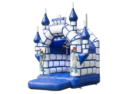 Medieval-themed blue and white jumping castle with knight designs, perfect for kids' parties and events. Durable and fun. Buy online in South Africa.