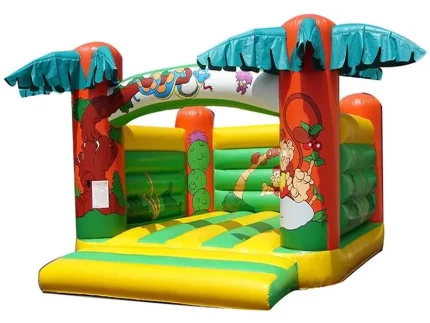 Jungle-themed jumping castle with palm tree designs, vibrant yellow and green colors. Perfect for kids' parties. Buy online in South Africa today.