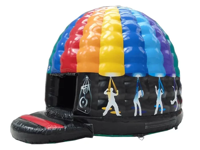 Inflatable disco dome with vibrant rainbow colors and music-themed designs, perfect for parties and events. Fun and durable. Buy online in South Africa.