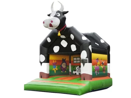 Fun cow-themed jumping castle with vibrant farm animal prints, ideal for kids' parties. Affordable, high-quality, and available for online purchase in South Africa.