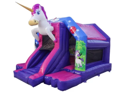 Magical unicorn-themed jumping castle with slide, perfect for kids' parties. High-quality, vibrant design, available for online purchase in South Africa.