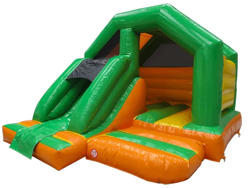 Green and orange jumping castle with slide, perfect for kids' parties. Durable, fun, and available for affordable online purchase in South Africa.