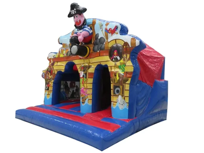 Pirate-themed jumping castle with vibrant ship design, ideal for kids' parties. Fun, durable, and available for online purchase in South Africa.