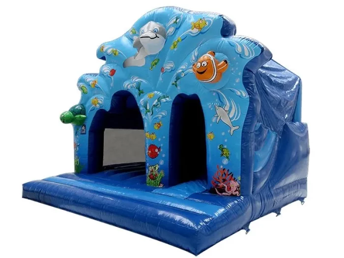 Underwater-themed jumping castle with dolphins and sea life, perfect for kids' parties. Durable, fun design available for online purchase in South Africa.