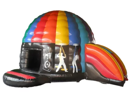 Disco-themed jumping castle with vibrant lights, music prints, and slide, ideal for parties. Durable and available for online purchase in South Africa.