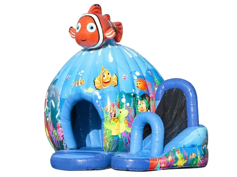 Bright ocean-themed jumping castle with slide and 3D clownfish design, perfect for kids' parties. High-quality and available for online purchase in South Africa.