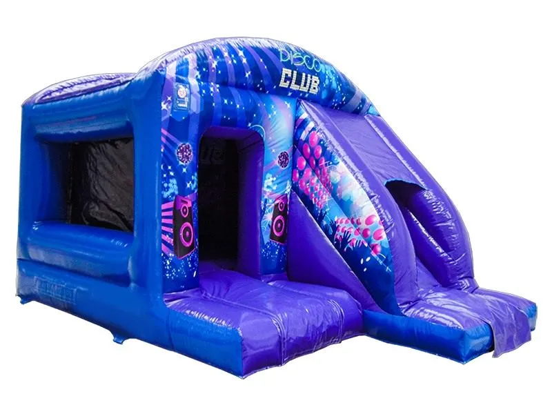 Vibrant disco-themed jumping castle with slide, featuring music-inspired graphics. Perfect for parties. Durable and available for online purchase in South Africa.