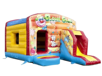 Clown-themed jumping castle with slide, vibrant colors, and playful designs. Perfect for kids' events. Durable and available for online purchase in South Africa.