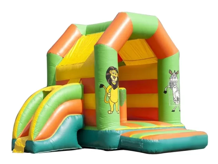 Safari-themed jumping castle with slide, featuring lion and zebra designs. Perfect for kids' parties. Durable and available for online purchase in South Africa.