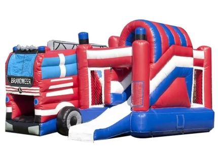 Fire truck-themed jumping castle with slide, perfect for kids' parties. Fun, durable design available for affordable online purchase in South Africa.